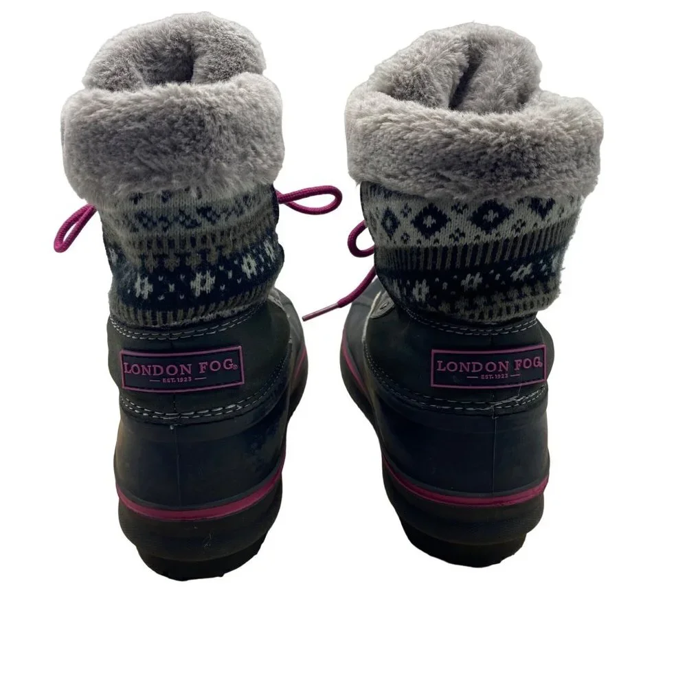 London Fog Big Girl Black Faux Fur Aztec Print Winter Snow Tottenham Boots‎ Sz 2